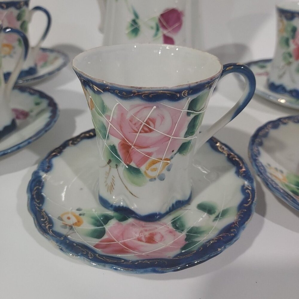 Nippon Hand Painted CHOCOLATE POT Cobalt Blue Gold Florial 12pc Set Antique - Picture 7 of 16